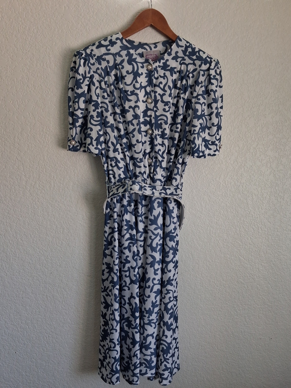 California Looks Vintage Midi Dress with Blue Scroll Print and Belt